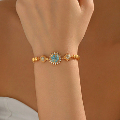 Настоящее золото 18K Браслеты из латуни с подсолнухами для женщин, с синтетическими бирюзовый, реальный 18 k позолоченный, внутренний диаметр: 7-1/2 дюйм (19 см)