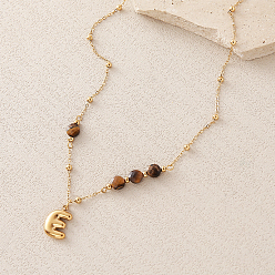 Letter E European Faceted Natural Tiger Eye 304 Stainless Steel Alphabet Pendant Necklaces, Golden, Letter E, 18.90 inch(48cm)