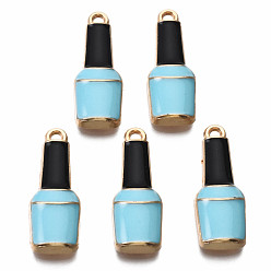 Cyan Alloy Enamel Pendants, Light Gold, Cadmium Free & Nickel Free & Lead Free, Bottle, Cyan, 26x9.5x3.5mm, Hole: 1.6mm