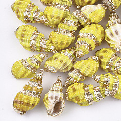 Yellow Spray Painted & Electroplate Spiral Shell Pendants, with Iron Findings, Light Gold, Yellow, 31~43x17~21x15~19mm, Hole: 1.5mm