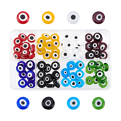Mixed Color Handmade Evil Eye Lampwork Flat Round Bead, Mixed Color, 12x5mm, Hole: 1mm, 8 colors, 10pcs/color, 80pcs/box