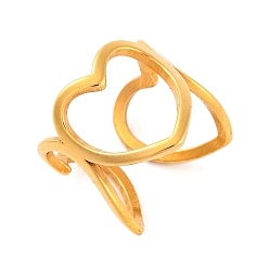 Золотой Ионное покрытие (IP) 304 кольца на палец с полым сердцем и открытой манжетой из нержавеющей стали для женщин, золотые, 16.5 мм, размер США 7 (17.3 мм)