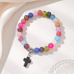 Разноцветный Браслеты с подвесками-крестиками из синтетической бирюзы, стеклянные круглые бусины эластичные браслеты для женщин, красочный, внутренний диаметр: 2.09 дюйм (5.3 см)