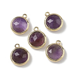 Аметист Натуральные аметисты с огранкой, плоские круглые подвески, с латунными накладками на стойку, долговечный, золотые, 14.5x12x5.5 мм, отверстие : 1.4 мм