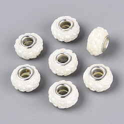 (404) Непрозрачное AB Кислое яблоко Непрозрачная смола европейский бисер, бусины с большим отверстием, рондель с латунными сердечниками, покрытыми серебром, цветочный белый, 13.5~14x8.2~9 мм, отверстие : 5 мм