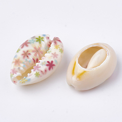 Colorful Printed Cowrie Shell Beads, No Hole/Undrilled, Colorful, 20~25x14~16x5~7mm