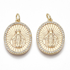 Real 18K Gold Plated Brass Micro Pave Cubic Zirconia Pendants, Oval with Holy Virgin, Nickel Free, Clear, Real 18K Gold Plated, 22.5x16.5x2.5mm, Jump Round: 5x0.8mm, Inner Diameter: 3mm
