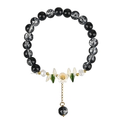 Черный Стеклянной бусины шарм браслеты, Браслеты из искусственного жемчуга из стекла и АБС-пластика для женщин, цветок, чёрные, 7-1/4 дюйм (18.5 см)