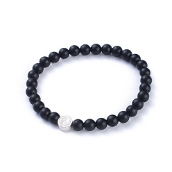Schwarz Achat Feng Shui natürliche schwarze Achat (gefärbt und erhitzt) Perlen Stretch-Armbänder, mit 925 Sterlingsilberperlen und Schmuckschatulle, flach rund mit Yin-Yang, 2-1/8 Zoll (55 mm)