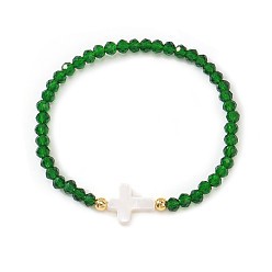 Зеленый Богемные стеклянные бусины, эластичные браслеты, украшения из натуральных ракушек для женщин, крест и рондель, с латунным, зелёные, 6.89 дюйм (17.5 см)