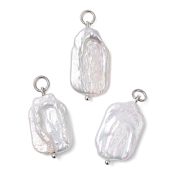 Нержавеющая Сталь Цвет Натуральный жемчуг барокко подвески с жемчугом кеши, прямоугольные подвески с латунными петлями и 304 открытыми соединительными кольцами из нержавеющей стали, белые, цвет нержавеющей стали, 21.5~23.5x12~13x4.5~6 мм, отверстие : 3 мм