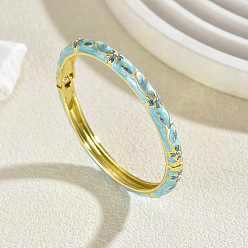 Sky Blue Zinc Alloy Enamel Flower Hinged Cuff Bangles for Women, Golden, Sky Blue, Inner Diameter: 2.36 inch(6cm)~2.76 inch(7cm)