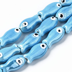 Dodger Blue Handmade Porcelain Ceramic Beads Strands, Bright Glazed Porcelain, Fish, Dodger Blue, 19x10x8mm, Hole: 1.5mm, about 17pcs/strand, 12.40 inch(31.5cm)