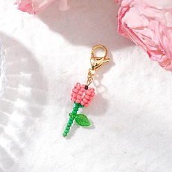 Pink День матери гвоздики стеклянные бусины и акриловые украшения для подвешивания, с 304 из нержавеющей стали Lobster Claw застежками, розовые, 45.5 мм