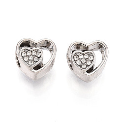 Платина Стойки покрытие сплава горный хрусталь европейских бусы, сердце, без свинца, без никеля и без кадмия, платина, 10x10x9 мм, отверстие : 5 мм