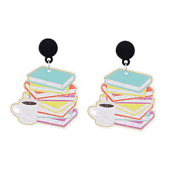 Book Подвесные серьги-гвоздики из акриловой блестящей пудры ко Дню учителя, платина, книга, 57x30 мм