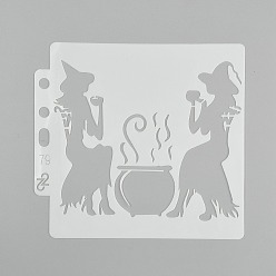 Witch Large Plastic Reusable Drawing Painting Stencils Templates, for Painting on Scrapbook Fabric Tiles Floor Furniture Wood, Halloween Themed Pattern, 130x140x0.3mm, Hole: 7mm and 7x12mm