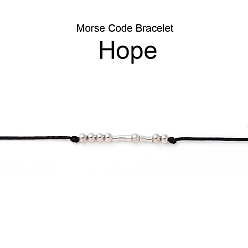 Black Unisex Adjustable Morse Code Bracelets, Valentines Friendship Bracelets, with Nylon Cord and Platinum Plated Brass Beads, Morse Code Hope, Black, 1.2~8.6cm