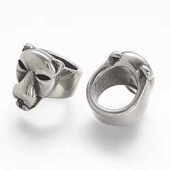 Antique Silver 304 Stainless Steel Slide Charms, Leopard, Large Hole Beads, Antique Silver, 12x9.5x11.5mm, Hole: 8mm