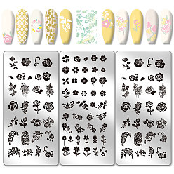 Цветок Шаблоны для нейл-арта своими руками из нержавеющей стали, шаблонный инструмент, прямоугольные, цветок, 12x6 см, 3 шт / комплект