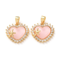 Pink Латунные микропаве прозрачные подвески с фианитом, cmолой, Сердце с подвесками в виде морской звезды, стойки покрытие, долговечный, без кадмия и без свинца, реальный 18 k позолоченный, розовые, 15.5x16.5x5 мм, отверстие : 4x2.5 мм
