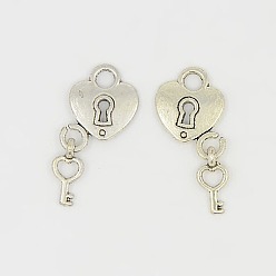 Античное Серебро Сплавочные подвески тибетского стиля, сердцем и ключевыми, античное серебро, без свинца, без кадмия и без никеля , Сердце: 15x12.5x2 mm, отверстие : 3.5 мм, Ключ: 12x5.5x1 мм