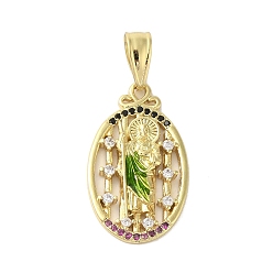 Real 18K Gold Plated Rack Plating Brass Micro Pave Cubic Zirconia Pendants, with Enamel, Long-Lasting Plated, Cadmium Free & Lead Free, Oval with Saint Charm, Real 18K Gold Plated, 28x16x3.5mm, Hole: 7.5x4.5mm