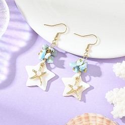 Golden Natural Larimar & Natural Freshwater Shell & Alloy Dangle Earring for Women, Starfish, 304 Stainless Steel Dangle Earrings for Women, Golden, 59x23.5mm