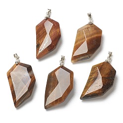 Тигровый глаз Природных тигровый глаз подвески, Ограненные подвески с камнем в форме половины сердца и платиновой латунной застежкой на дужке, 39x21x8.5 мм, отверстие : 4x3.5 мм