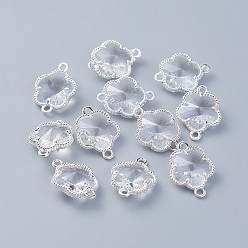 Прозрачный Соединители стеклянные ссылки, с фурнитурой Berzel с открытой спиной из экологически чистого сплава, цветок, серебряный цвет гальваническим, прозрачные, 15.5x12x5 мм, отверстие : 1.4 мм