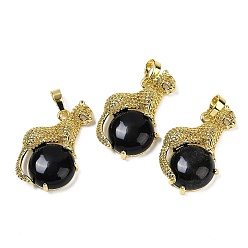 Обсидиан Натуральный обсидиановый шар с латунными подвесками в форме леопарда, стойки покрытие, без кадмия и без свинца, долговечный, 35x22x6.5 мм, отверстие : 7x3.5 мм