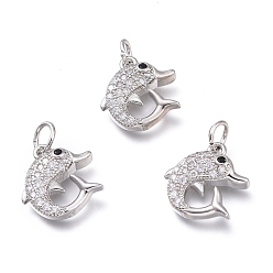 Platinum Brass Micro Pave Clear Cubic Zirconia Charms, with Jump Rings, Dolphin Shape, Platinum, 14.3x13.2x3.8mm, Hole: 3.6mm