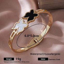 Butterfly 304 Stainless Steel Black Enamel Hinged Cuff Bangles for Women with Natural White Shell, Golden, Butterfly, Inner Diameter: 2.36 inch(6cm)