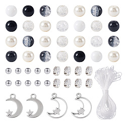 Черный Наборы для изготовления браслетов своими руками, включая 1 пакетики со стеклянными бусинами, 50 шт. 201 бусины из нержавеющей стали, 50 шт. Латунные бусины-распорки со стразами, 12 подвески из сплава шт., 10м эластичная кристаллическая нить, чёрные