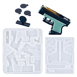 White DIY Gun and Target Silicone Molds, Resin Casting Molds, For UV Resin, Epoxy Resin Jewelry Making, Toy, White, 255x230x10mm, Hole: 1.7mm, 3.3mm, 3.6mm, 13x3mm, 39x22mm, Inner Diameter: 12~155x12~120mm