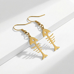 Oro 304 acero inoxidable y 201 pendientes colgantes de acero inoxidable, espina de pescado, dorado, 45x10 mm