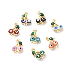 Mixed Color Brass Enamel Connector Charms, Real 18K Gold Plated, Cherry with Evil Eye Pattern, Mixed Color, 7.5x11.5x3mm, Hole: 1.2mm