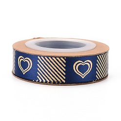 Bleu Marine Rubans de polyester, marquage à chaud doré simple face, pour l'emballage de cadeaux, décoration de fête, motif de coeur, bleu marine, 5/8 pouces (17 mm), 10yards / roll (9.14m / roll)