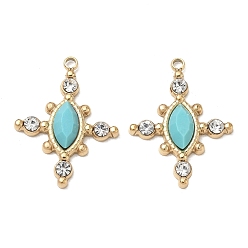Synthetic Turquoise Synthetic Turquoise Faceted Horse Eye Pendants, 304 Stainless Steel Crystal Rhinestone Cross Bezeled Charms, Ion Plating(IP), Real 14K Gold Plated, 22.5x17x3.5mm, Hole: 1.5mm