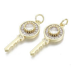 Oro Micro latón allanan colgantes cúbicos del zirconia, sin níquel, con anillos de salto, clave, Claro, dorado, 26x10.5x4 mm, anillo de salto: 5x0.6 mm, diámetro interior: 3 mm