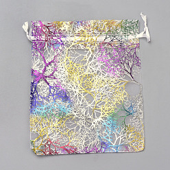 Blanco Bolsas de organza de regalos, bolsas de cordón, con patrón de coral colorido, Rectángulo, blanco, 15x10 cm