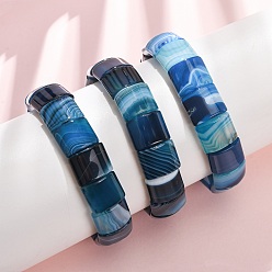 Blue Square Natural Banded Agate(Dyed & Heated) Beaded Stretch Bracelets for Women Men, Blue, Inner Diameter: 2.30 inch(5.85cm)