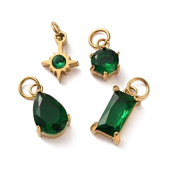 Sea Green 4Pcs 4 Styles 304 Stainless Steel & Glass Pendants, Star & Flat Round & Teardrop & Rectangle, with Jump Ring, Faceted, Ion Plating(IP), Long-Lasting Plated, Sea Green, 10~14x6.5~8x3~5mm, Hole: 3mm
