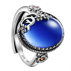 Blue 925 Thailand Sterling Silver Rings, with Grade AAA Cubic Zirconia, Half Round with Flower, Blue, Size 9, 19mm