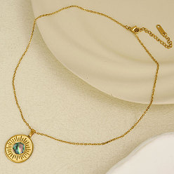 Золотой Стильные 304 ожерелья с плоским круглым кулоном из натуральной нержавеющей стали с паве из ракушек пауа, золотые, кулон: 2.5x2.2 см