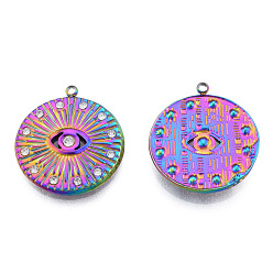 Rainbow Color 304 Stainless Steel Pendants, with Crystal Rhinestone, Flat Round with Eye, Golden, 23x21x3mm, Hole: 1.5mm