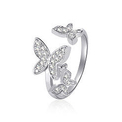 Platinum Brass Micro Pave Cubic Zirconia Open Cuff Rings, Butterfly, Platinum, 23mm