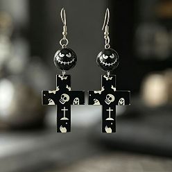 Schwarz Halloween-Ohrhänger mit Teufelsgesicht-Motiv, Holzperlen und Acrylkreuz mit Geisterschädel-Anhänger für Damen, Schwarz, 85x31 mm