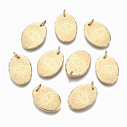 Настоящее золото 14K 304 подвески из нержавеющей стали, с прыжковых колец, Овальный с глазом, реальный 14 k позолоченный, 17.5x12.5x2 мм, Перейти кольцо: 5x0.8 мм, 3.4 мм внутренним диаметром