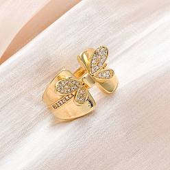 Настоящее золото 18K Латунные кольца-манжеты с микропаве и прозрачным цирконием для женщин, бабочка, стойки покрытие, без кадмия и без свинца, прочное покрытие, реальный 18 k позолоченный, внутренний диаметр: 17.5 мм